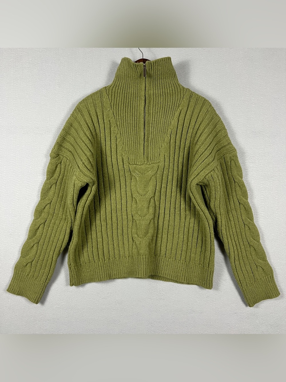 Nasty Gal Women’s L Olive Ribbed Cable Knit Quarter Zip Sweater NWT